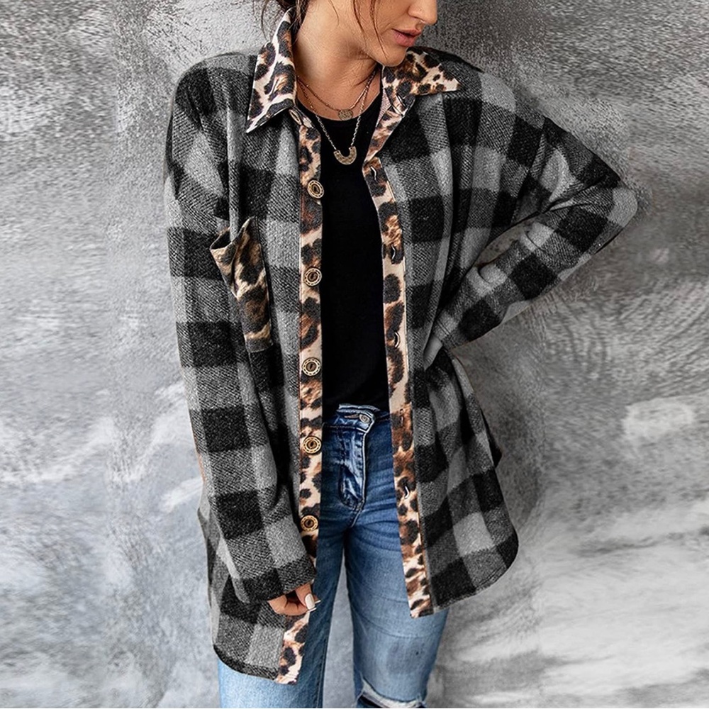 Plaid Print Cheetah Print trim Shacket Medium